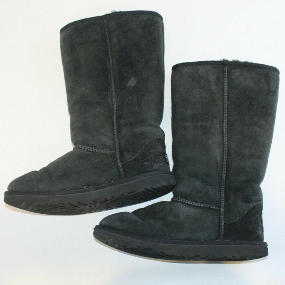 UGG Youth Sz 4 Classic Tall Black Suede Shearling Lined Pull On Mid Calf Boots - Picture 6 of 12